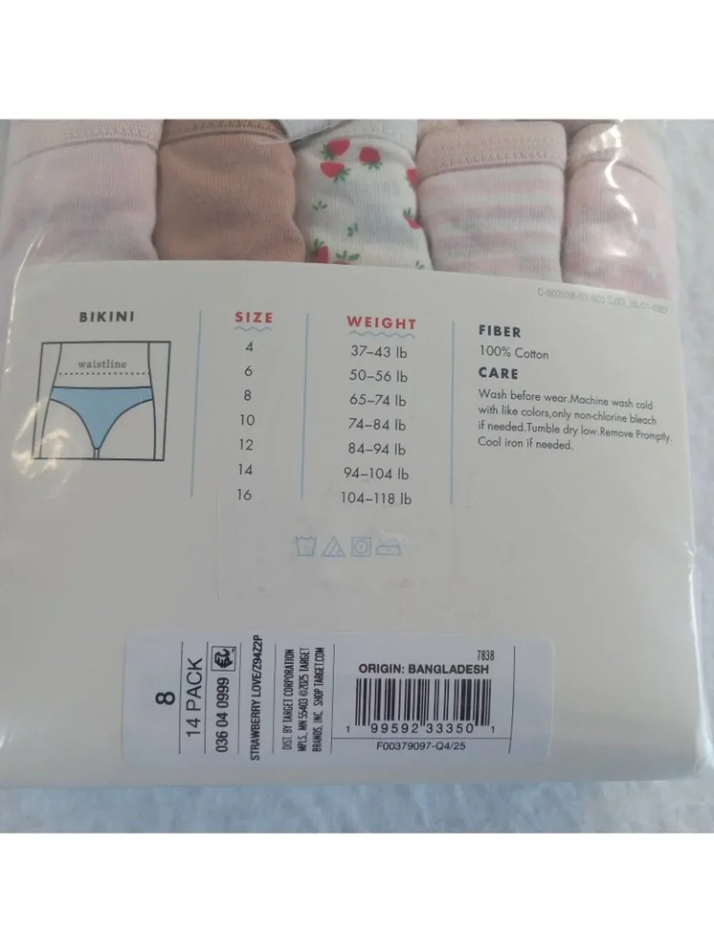 Cat & Jack Girls' Size 8 Bikinis Underwear 14-Pack Cotton Pink White Strawberry